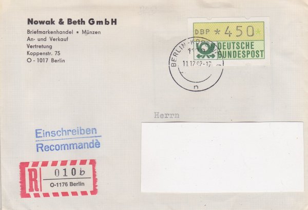 BUND ATM 1 - Einschreibebrief - Aufbrauch-R-Zettel <O> 1170 in 1176 - Stempel vom 11-12-1992