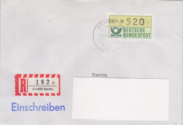 BUND ATM 1 - Einschreibebrief - Einschreibnummernzettel mit <O> 1055 Stempel vom 24-12-1992
