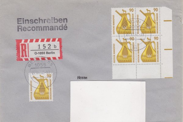 BUND 1380 (5x) - Einschreibebrief - Einschreibnummernzettel mit <O> 1055 Stempel vom 27-11-1992