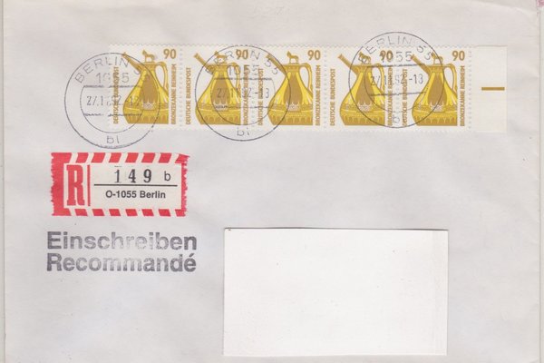 BUND 1380 (5x) - Einschreibebrief - Einschreibnummernzettel mit <O> 1055 Stempel vom 27-11-1992