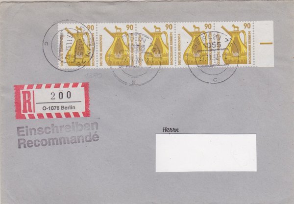BUND 1380 (5x) - Einschreibebrief - Einschreibnummernzettel mit <O> 1076 Stempel vom 27-11-1992