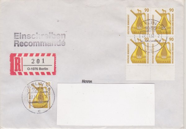 BUND 1380 (5x) - Einschreibebrief - Einschreibnummernzettel mit <O> 1076 Stempel vom 27-11-1992