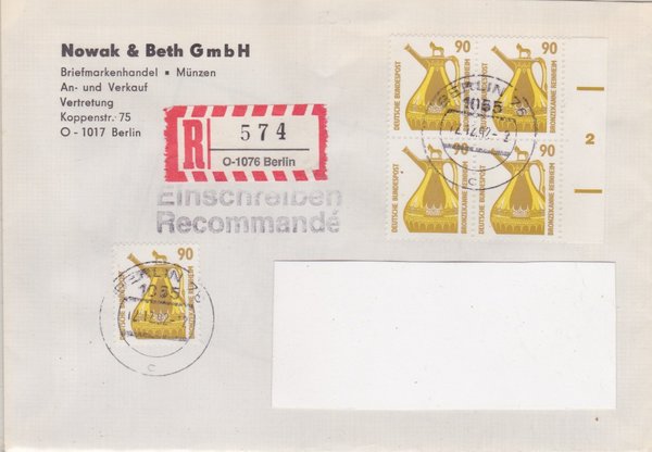 BUND 1380 (5x) - Einschreibebrief - Einschreibnummernzettel mit <O> 1076 Stempel vom 12-12-1992