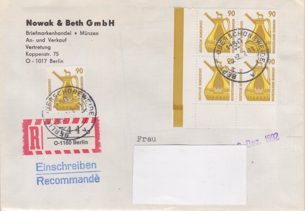 BUND 1380 (5x) - Einschreibebrief - Einschreibnummernzettel mit <O> 1160 Stempel vom 05-12-1992