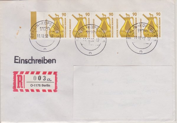 BUND 1380 (5x) - Einschreibebrief - Aufbrauch-R-Zettel <O> 1170 in 1176 - Stempel vom 11-12-1992