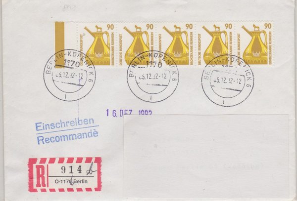 BUND 1380 (5x) - Einschreibebrief - Aufbrauch-R-Zettel <O> 1170 in 1176 - Stempel vom 15-12-1992