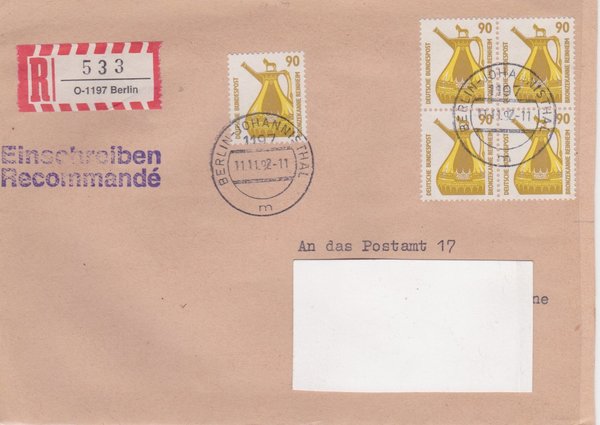 BUND 1380 (5x) - Einschreibebrief - Einschreibnummernzettel mit <O> 1197 mit Stempel vom 11-11-1992