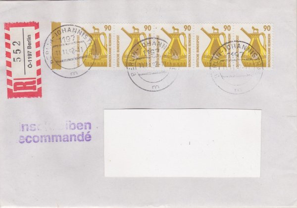 BUND 1380 (5x) - Einschreibebrief - Einschreibnummernzettel mit <O> 1197 mit Stempel vom 11-11-1992