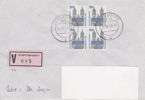 BUND 1665 (4x) Wertbrief - mit V-Nummernzettel mit <O> 1614 Letzttag mit Stempel vom 29-06-1993