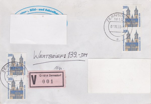 BUND 1665 (4x) Wertbrief - mit V-Nummernzettel mit <O> 1614 mit Stempel vom 07-06-1993