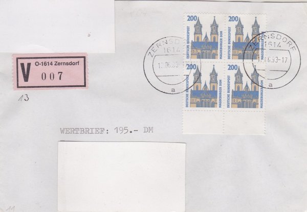 BUND 1665 (4x) Wertbrief - mit V-Nummernzettel mit <O> 1614 mit Stempel vom 12-06-1993