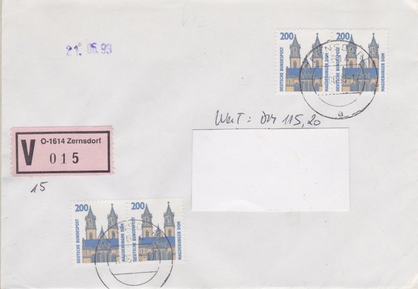 BUND 1665 (4x) Wertbrief - mit V-Nummernzettel mit <O> 1614 mit Stempel vom 12-06-1993