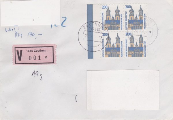 BUND 1665 (4x) Wertbrief - mit V-Nummernzettel mit <O> 1615 mit Stempel vom 29-05-1993