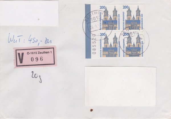 BUND 1665 (4x) - Wertbrief - mit V-Nummernzettel mit <O> 1615 mit Tagesstempel vom 29-05-1993