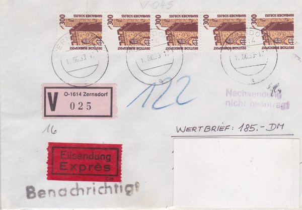 BUND 1348 (5x) - Wertbrief/Express - mit V-Nummernzettel mit <O> 1614 mit Tagesstempel 12-06-1993