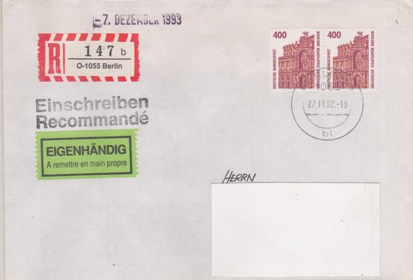 BUND 1562 (2x) - Einschreibebrief/Eigenhändig - Einschreibnummernzettel mit <O> 1055 vom 27-11-1992
