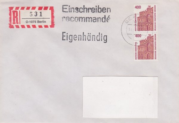 BUND 1562 (2x) - Einschreibebrief/Eigenhändig - Einschreibnummernzettel mit <O> 1075 vom 18-01-1993