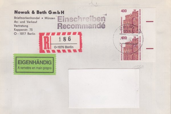 BUND 1562 (2x) - Einschreibebrief/Eigenhändig - Einschreibnummernzettel mit <O> 1076 vom 27-11-1992
