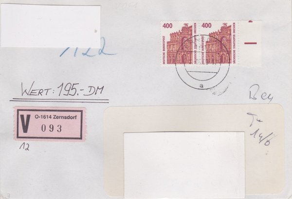 BUND 1562 (2x) - Wertbrief - mit V-Nummernzettel mit <O> 1614 mit Stempel vom 12-06-1993