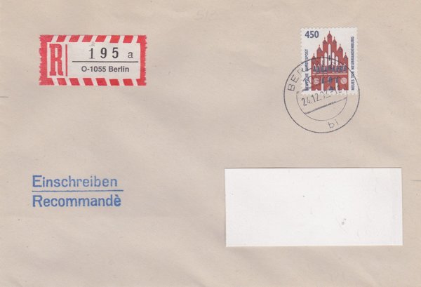 BUND 1623 - Einschreibebrief - Einschreibnummernzettel mit <O> 1055 mit Stempel vom 24-12-1992