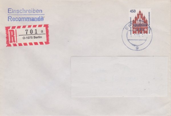 BUND 1623 - Einschreibebrief - Einschreibnummernzettel mit <O> 1075 mit Stempel vom 09-01-1993