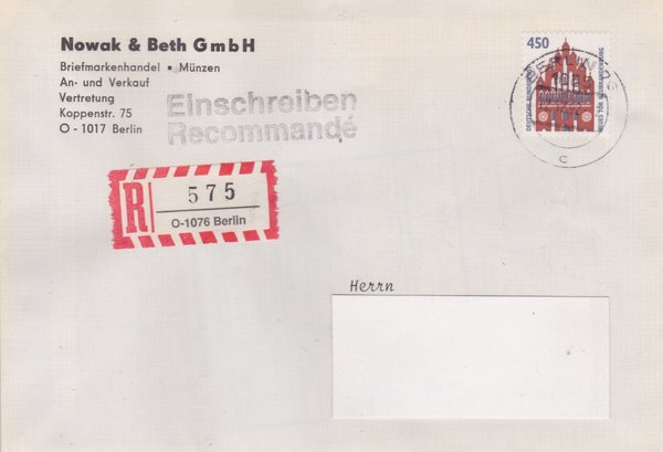 BUND 1623 - Einschreibebrief - Einschreibnummernzettel mit <O> 1076 mit Stempel vom 12-12-1992