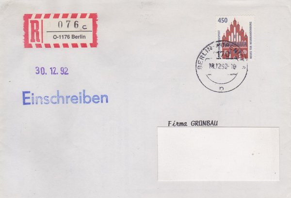 BUND 1623 - Einschreibebrief - Aufbrauch-R-Zettel <O> 1176 in 1170 - Stempel vom 18-12-1992