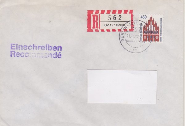 BUND 1623 - Einschreibebrief - Einschreibnummernzettel mit <O> 1197 mit Stempel vom 11-11-1992
