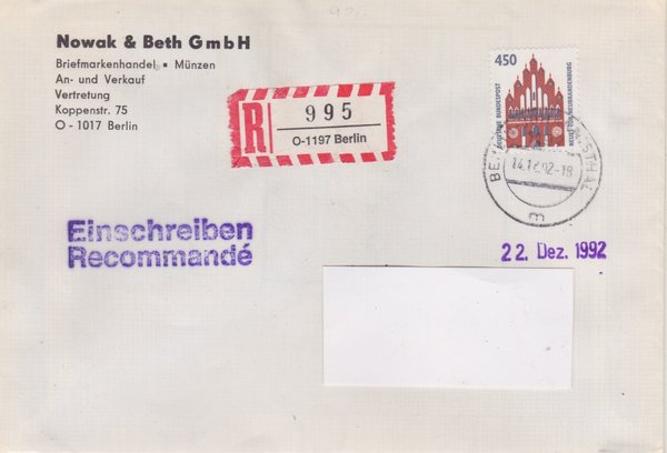 BUND 1623 - Einschreibebrief - Einschreibnummernzettel mit <O> 1197 mit Stempel vom 14-12-1992