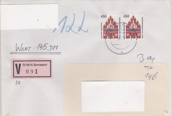 BUND 1623 (2) - Wertbrief - mit V-Nummernzettel mit <O> 1614 mit Stempel vom 12-06-1993
