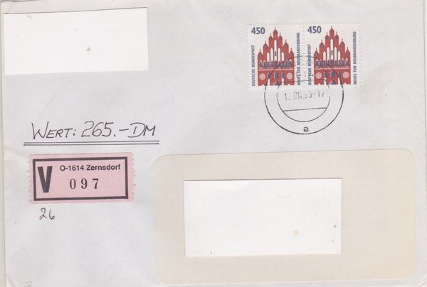 BUND 1623 (2) - Wertbrief - mit V-Nummernzettel mit <O> 1614 mit Stempel vom 12-06-1993