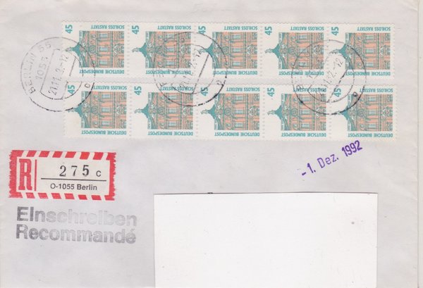 BUND 1468 (10x) - Einschreibebrief - Einschreibnummernzettel mit <O> 1055 Stempel vom 21-11-1992