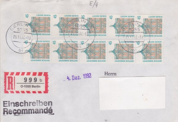 BUND 1468 (10x) - Einschreibebrief - Einschreibnummernzettel mit <O> 1055 Stempel vom 25-11-1992