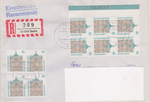 BUND 1468 (10x) - Einschreibebrief - Einschreibnummernzettel mit <O> 1075 Stempel vom 09-01-1993