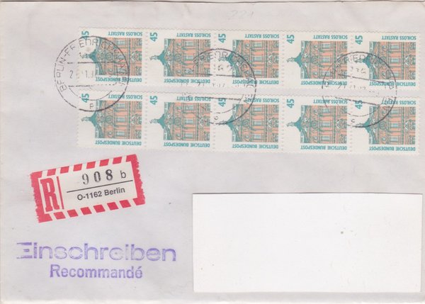 BUND 1468 (10x) - Einschreibebrief - Einschreibnummernzettel mit <O> 1162 Stempel vom 21-11-1992