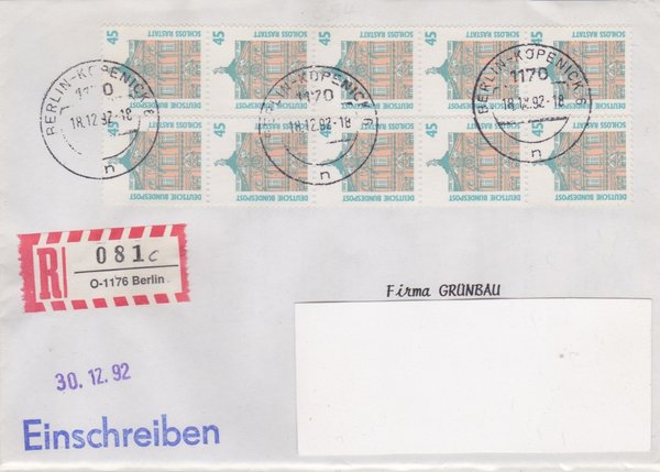 BUND 1468 (10x) Einschreibebrief - Aufbrauch-R-Zettel mit <O> 1176 in 1170 - Stempel vom 18-12-1992