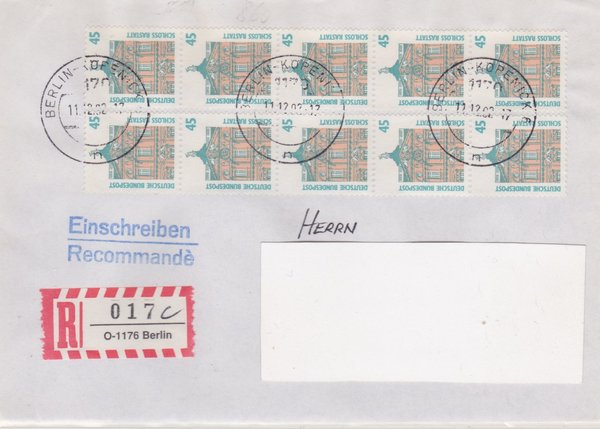 BUND 1468 (10x) Einschreibebrief - Aufbrauch-R-Zettel mit <O> 1176 in 1170 - Stempel vom 11-12-1992