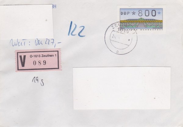 BUND ATM 2 - Wertbrief - mit V-Nummernzettel mit <O> 1615 mit Stempel vom 29-05-1993