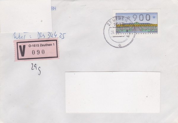 BUND ATM 2 - Wertbrief - mit V-Nummernzettel mit <O> 1615 mit Stempel vom 29-05-1993