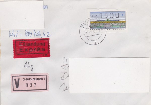 BUND ATM 2  - Wertbrief/Express - mit V-Nummernzettel mit <O> 1615 mit Stempel vom 29-05-1993
