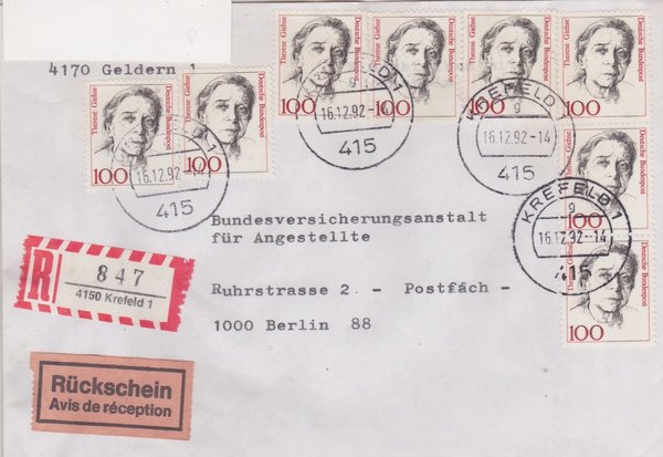 BUND 1390 (8x) - Einschreibebrief mit Rückschein - Geldern/Berlin mit Tagesstempel vom 16-12-1992