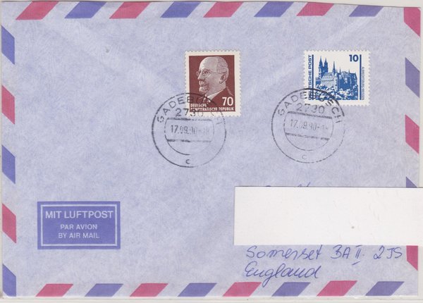 DP 3344 ua - Luftpostbrief nach England (Bauwerke + Denkmäler ua) - mit Tagesstempel vom 17-09-1990