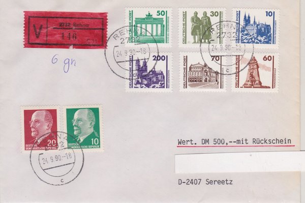 DP 3344-3348, 3351ua - Wertbrief - (Bauwerke + Denkmäler) - mit Tagesstempel vom 24-09-1990