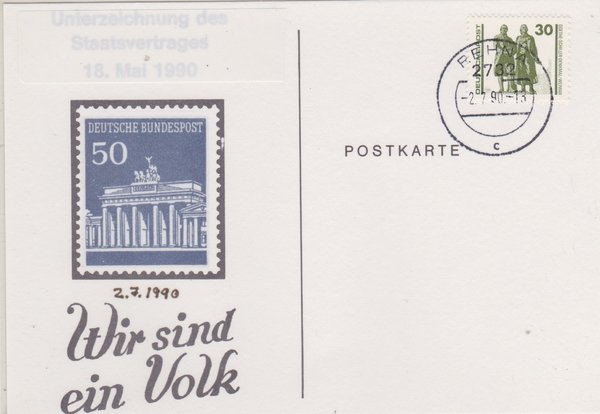 DP 3345 - Gedenk-Postkarte: Wir sind ein Volk - Währungsunion - mit Ersttagsstempel vom 02-07-1990