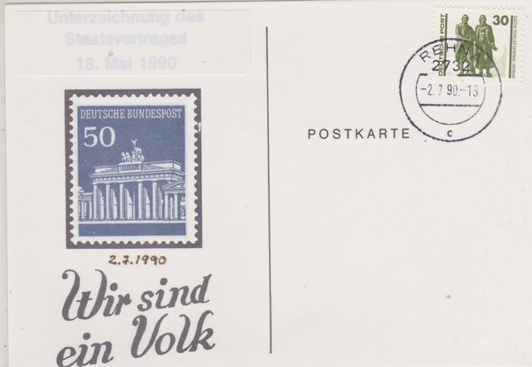 DP 3345 - Gedenk-Postkarte: Wir sind ein Volk - Währungsunion -  Ersttags-Tagesstempel  02-07-1990