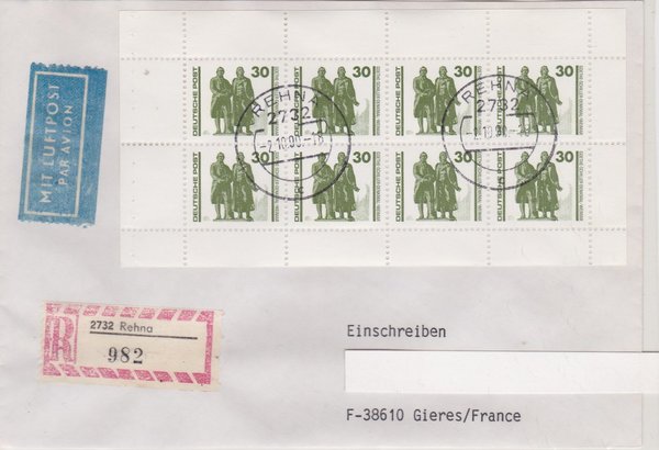 DP 3345 MH-Bl. 10 - Einschreibebrief (Bauwerke + Denkmäler) mit Ersttags-Tagesstempel vom 02-10-1990