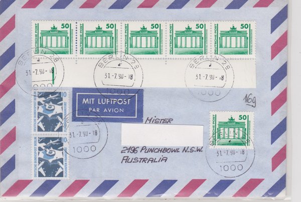 DP 3346 Rolle+Rand (5x) Luftpostbrief - (Bauwerke + Denkmäler ua) - Ersttags-Tagesstempel 31-07-1990