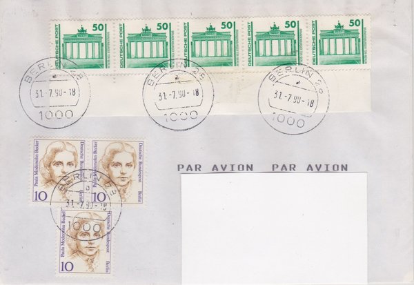 BERLIN 806 (3x) DP 3346 Rolle/Rand (5x),  Luftpostbrief - Ersttags-Tagesstempel 31-07-1990
