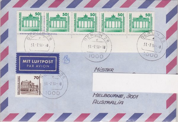 DP 3346 Rolle/Rand (5x) ua - Auslandsbrief (Bauwerke + Denkmäler) - Ersttags-Tagesstempel 31-07-1990