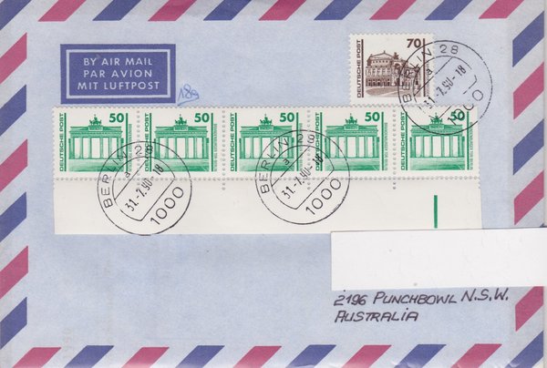 DP 3346 Rolle+Rand (5x) ua Auslandsbrief (Bauwerke + Denkmäler) mit Ersttags-Tagesstempel 31-07-1990